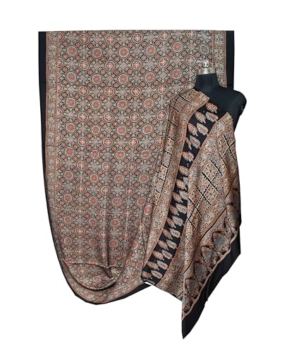 Image of Ethnics of Kutch Womenss Ajrakh Modal Silk Natural Dye Hand Block Print Saree with Blouse Piece - 5.5 Mtr Length