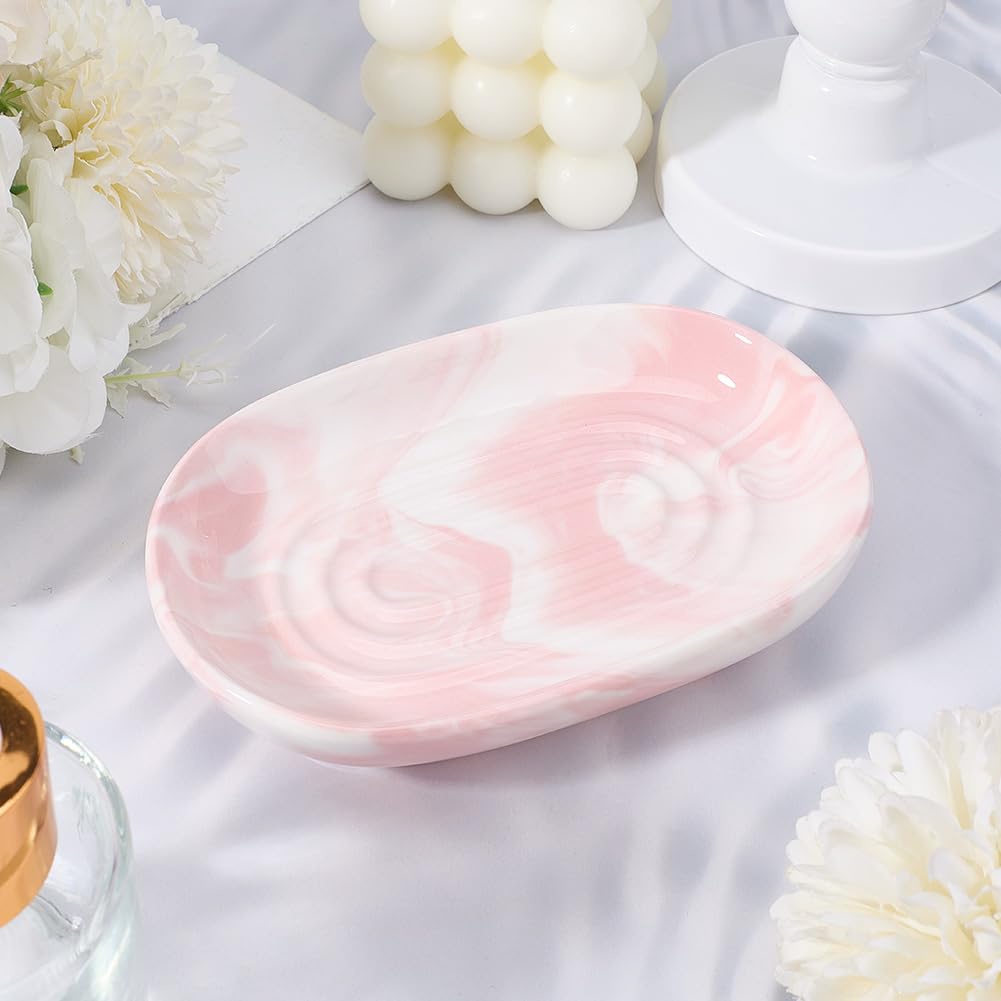 CREATCABIN Ceramics Soap Dish Soap Holder Pink Texture Handcrafted Fancy Multi-Purpose Soap Bar Holder Marble Textures Oval Soap Tray Non-Slip for Sponge Bathroom Kitchen Sink Decorative 5x3x1Inch - Image 3