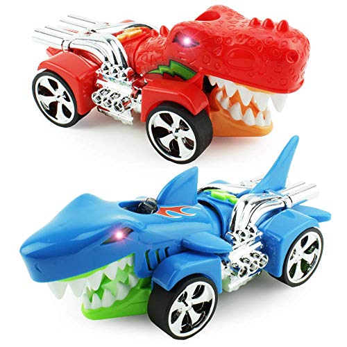 Boley Shark and Dino Chomper Race Cars - Shark Car and Dinosaur Car with Chomping Action! Battery Powered 2 Pack Bright Shark and Dino Car Toys for Boys and Kids Driving Racing Games