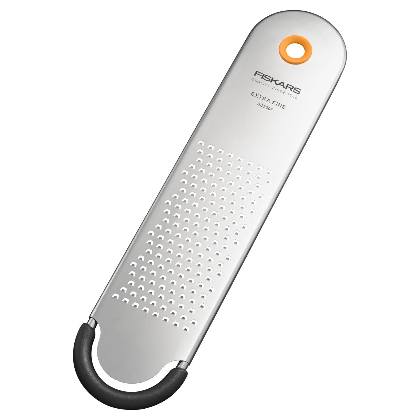 Fiskars Functional Form Extra feine Reibe, Zestenreibe für Zitronenschale, Ingwer und Schokolade, Klingenschutz, Edelstahl-Klinge/Kunststoff-Griff, Grau/Schwarz/Orange, 1079966