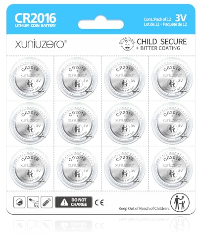 XUNIUZERO CR2016 3v Coin battery12 Pack for Child Safety Compatible with Remotes Key Fobs Glucose Monitors - 7 Years Shelf Life