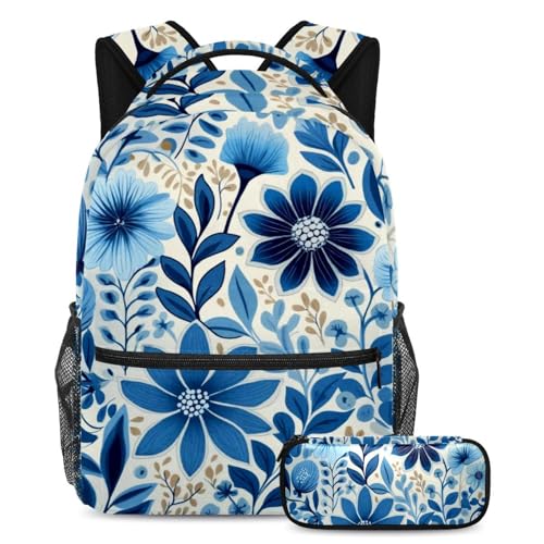 Sac à dos scolaire ado fille et garçon à fleurs bleues et trousse