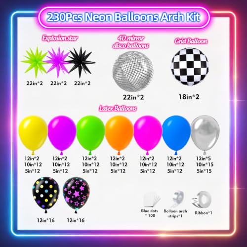 Image of 230Pcs Neon Balloons Arch Garland Kit with Glow in the Dark Balloons, Neon Balloons Arch Kit with Checkered Balloon for Back to 80s 90s DISCO Birthday Let's Glow Party Rock Roll Party Supplies