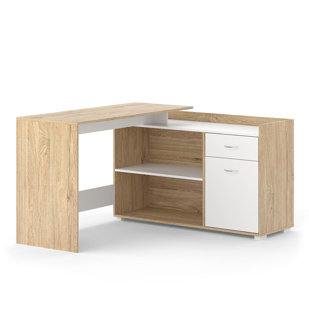 Vicco Eckschreibtisch Noira – Eckschreibtisch, 135 x 77 cm, Weiß/Sonoma, mit Schublade