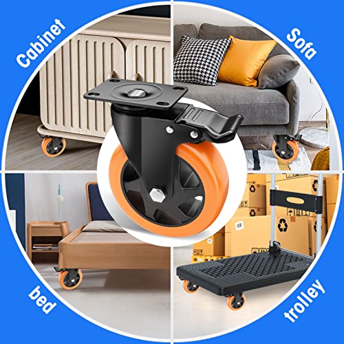 Image of 5 inch Swivel Plate Casters, 1400Lbs Capacity with Brake | Orange, 4-Pack, PU Wheels, Double Ball Bearings, Quiet & Non-Marking, for Workbenches