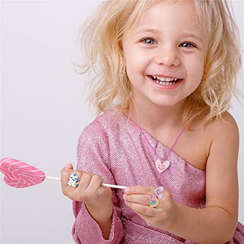Maeoetty 8Pcs Necklaces Rings Set with Lovely Unicorn Rainbow Heart Charms Kids Pretend Play Dress Up Jewellery Girls Party Favors Gift Toddler Costume Jewellery for Toddler Little Girls