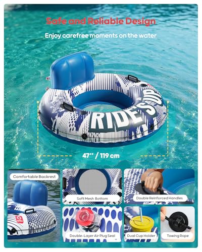 Image of QPAU Inflatable River Tube, 0.4 mm Thickened Puncture-Resistant Heavy Duty River Float, River Raft with Ergonomic Backrest, Mesh Bottom & 2 Cup Holders for Adults and Friends Lake Float