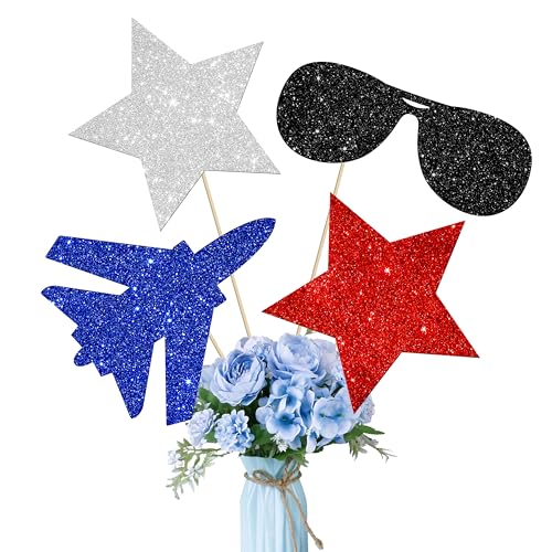 LUCKYQUBE Air Force Centerpiece Sticks Glitter Military Airplane Decorations Air Force Pilot Table Toppers Flight Sunglasses US Star Centerpiece for Fighter Jet Patriotic Theme Birthday Party Supplies