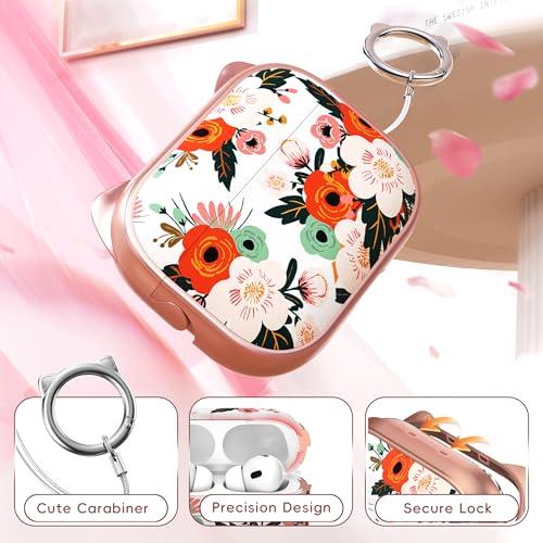 Image of for AirPods Pro 2 Case with Cleaning Kit, Cute Cat Ear Print Design & Cute Buckle for Girls, Phone Holder & Top Safe Lock Buckle Design for AirPods Pro 2nd /1st Gen case, Rose Gold Flower