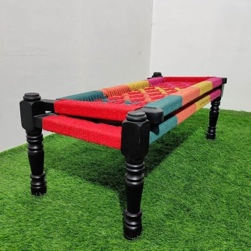 Image of Srima Wooden Bench for Living Room | Handcrafted Sheesham Wood Backrest Bench for Balcony & Garden | Traditional Rajasthani Patio for Outdoor with Cotton Handwoven Rope | Colorful