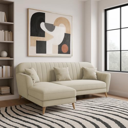 Image of Atticus LHS 4 Seater L Shape Sofa Set with Ottoman for Living Room (Cream Fabric) Premium Fabric Sofa Set