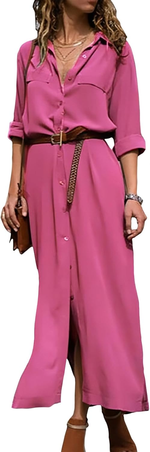 Womens Belted Shirt Elegant Dress, Long Sleeve Casual Button Down Shirt Spring Fall Midi Dress with Slit