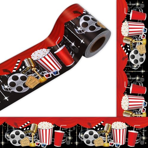 Image of Whaline 32.8 Ft Movie Night Bulletin Board Borders Popcorn Movie Reel Die-Cut Border Trim for Back to School Classroom Office Chalkboard Decoration