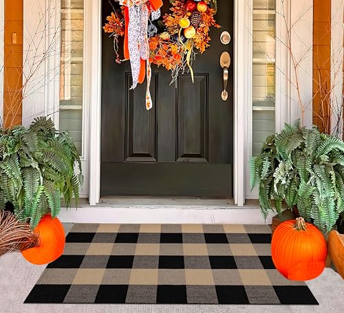 Checkered Front Door Mat Outdoor 24''x35''Buffalo Plaid Outdoor Rug Cotton Washable Layered Doormat for Bedroom,Bathroom,Farmhouse,Entryway,Home Entrance