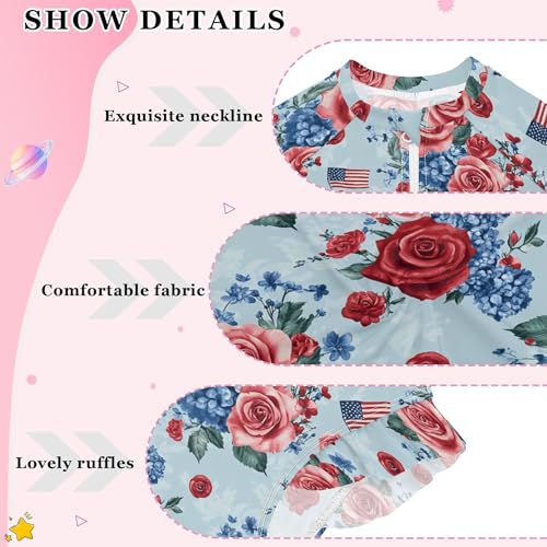 Independence Day Rose American Flag Girls Long Sleeve Rashguard Swimsuit UV Protection One-Piece Swimwear B04047924
