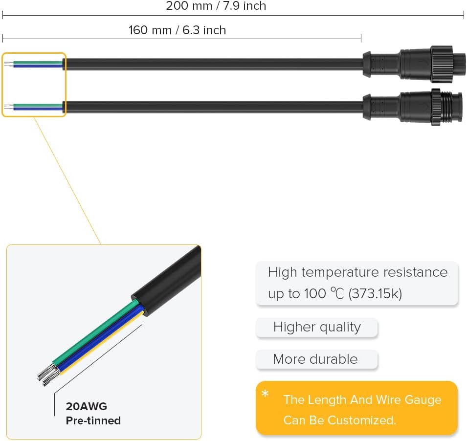 4 Pin Big Size IP67 20AWG 7.87in/20cm Electrical Male Female Metal nut Connector 3.2FT Extension Cable Connectors Y Shape 1 to 2, 1 to 3 Spillter for Car,Truck,Boat,in/Outdoor LED Strip/String 22mm