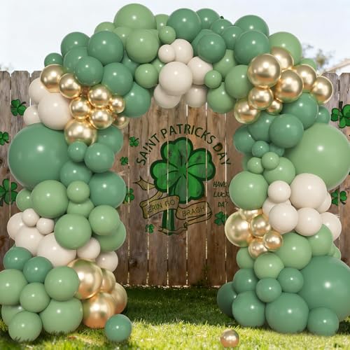 Image of Ouddy Life 157Pcs Green Balloon Arch Garland Kit, Sage Green White Sand Gold Latex Confetti Balloons Different Size for Baby Shower Birthday Wedding Jungle Party Safari Baptism Decorations
