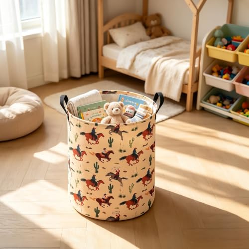 Image of Round Laundry Basket Collapsible Storage Organizer Cactus Cowboy | Waterproof Canvas Foldable Baskets with sturdy Handles Multi-scene Organizer for Home Play Bedroom Gift Bin