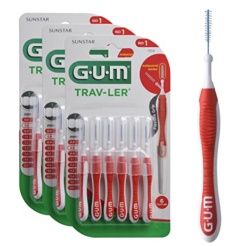 GUM TRAV-LER Brossette Interdentaire, 0,8mm / Elimine 25% de Plaque en plus/Brins Recouverts d'un Agent Antibactérien/Manche Ergonomique, Pack 3x6 Unités