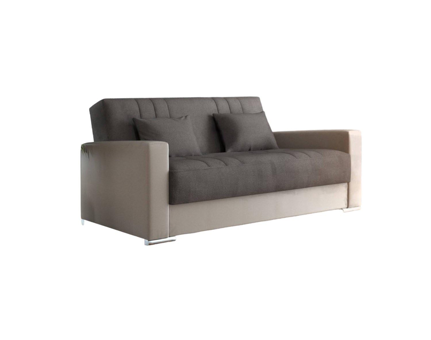Dmora - Divano Letto 3 posti Sergio, Divano Contenitore in Ecopelle e Tessuto, Sofà con Apertura Click-clack e 2 Cuscini, 230x96h101 cm, Beige e Grigio