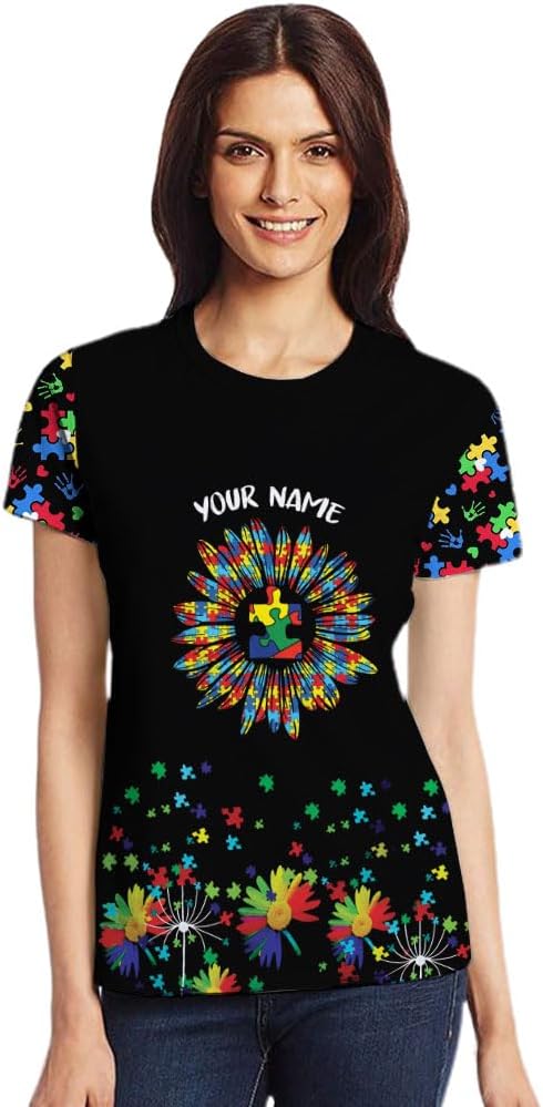Custom Name 3D Autism Awareness T-Shirts Love Support Puzzle Graphic Tees for Unisex Gifts Autistic Accept Understand Shirts