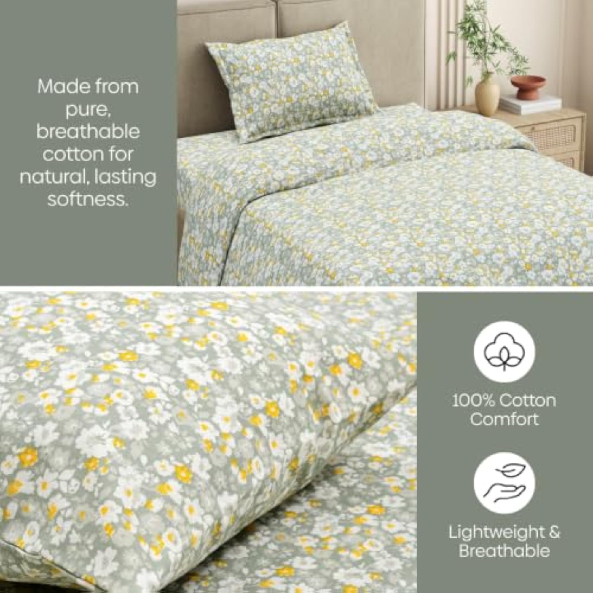Elastic Fitted Single Bed Cotton Bedsheet with 1 Pillow Cover