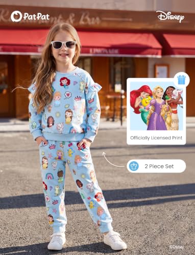 Image of Disney Outfits for Girls Long Sleeve Shirt Pocket Pant Toddler Sweatsuit | Officially Licensed丨Girls Clothes丨2-Piece Outfit丨Allover Print丨Ruffle Shoulder丨Jogger Pants丨Soft Feel丨Easy Care丨Mix & Match
