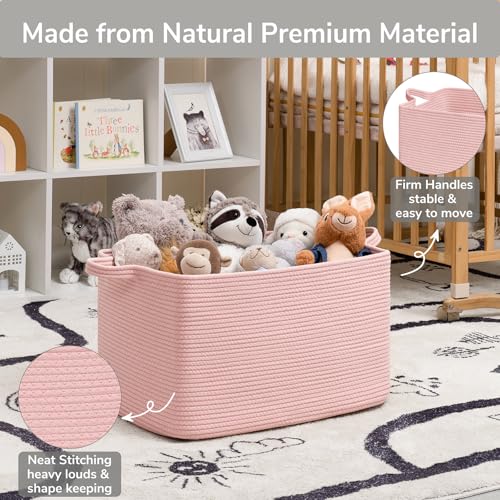 Goodpick Large Blanket Basket, Woven Baskets for Storage, Large Baskets for Organizing, Rectangle Toy Basket for Nursery, Bedroom, 21.6" x 14.9" x 11.8", Pink
