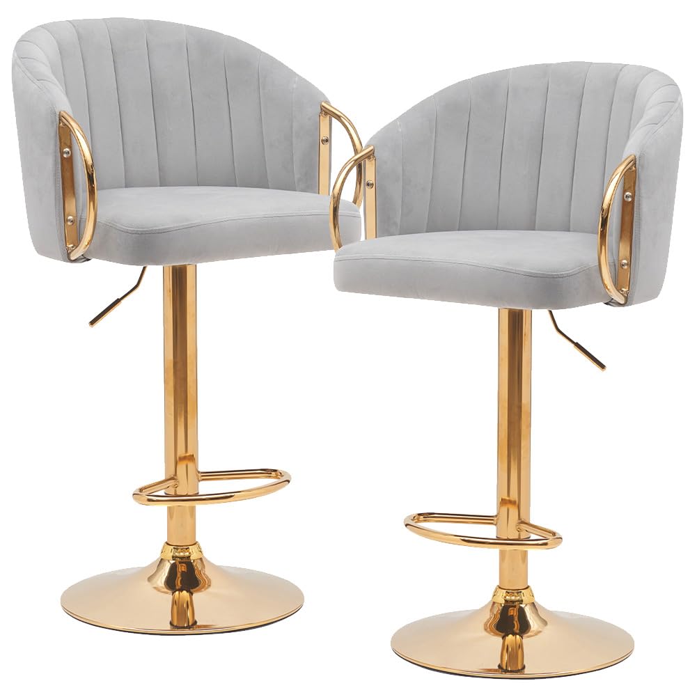 BAKAJI Set 2 Sgabelli da Cucina con Altezza Regolabile e Rivestimento in Tessuto, Sedie da Bar, Ristoranti, con Struttura Oro e Poggiapiedi, Sgabello Girevole Schienale Comfort Imbottito (Grigio)