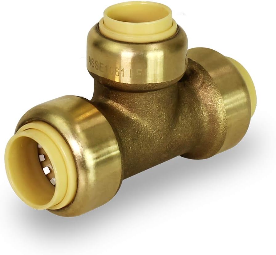 Supply Giant VQFU1134 1 Inch x 1 Inch x 3/4 Inch Long Push Tees for Push-Fit Fittings, Made DZR Forged Brass, Connect PEX, CPVC and Copper, Pre-Lubricated Quick Installation