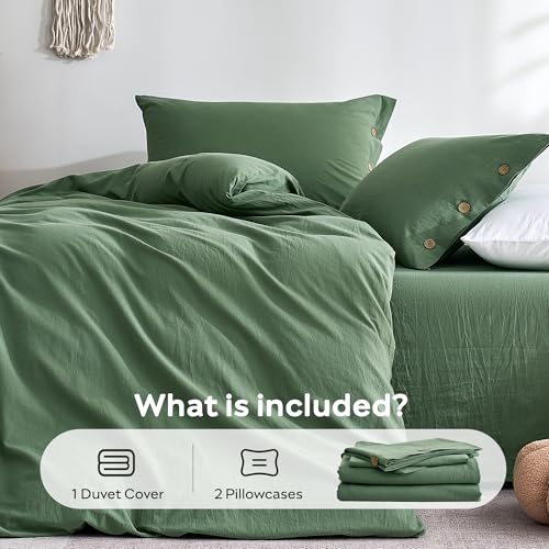 Image of JELLYMONI 100% Washed Cotton Duvet Cover King - Soft, Breathable Linen-Look Bedding with Natural Wrinkle Texture, Button Closure, 3-Piece Set (Dusty Green, 104 inchx90 inch)