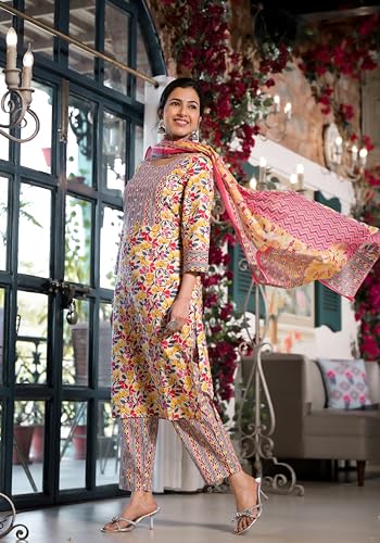 Image of MIRCHI FASHION Women's Straight Fit Pure Cotton Jaipuri Floral Printed Sequins Thread Work Kurta Set with Dupatta and Trouser