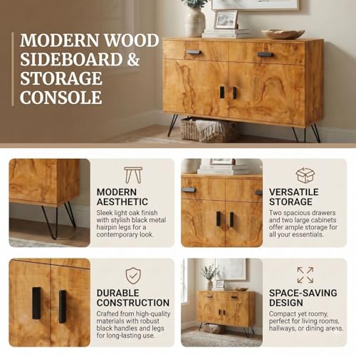 Image of FFO Wooden Sideboard Cabinet for Living Room | Wooden Living Room Storage Cabinet with Drawers, Side Cabinet for Bedroom, Modern Wood Finish, 2 Door Cupboard with Metal Legs Coach Wood DIY.