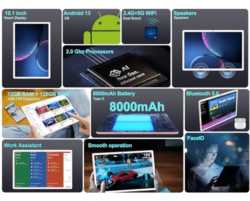 Image of JUSYEA Tablet Android Tablets 10 inch, 128GB ROM Octa-Core (2TB TF) | WiFi 5G | FHD | BT5.0 | GPS | 8000mAh | 8+5MP | Metal Body, Tablet with Keyboard, Mouse-Gold