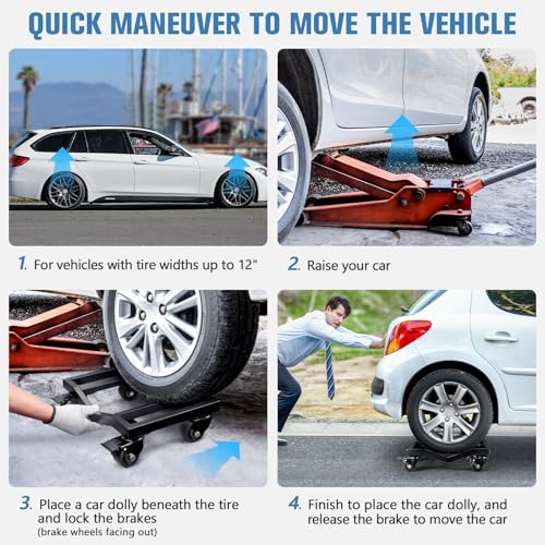 Kedsum DY24E012A-DY24E012A Car Dolly Set Of 4, 6000 Lbs Wheel Dolly Set Of 4, Heavy Duty Car Dolly, Double V-Shaped Design Wheel Dolly & Tire Dolly With 2 Brake Wheels + 2 Swivel Wheels, Heavy Duty Casters Tire Dolly thumb #3