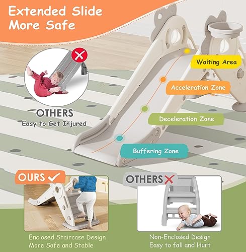 BIERUM Toddler Slide, 3 in 1 Indoor Foldable Kids Slide for Toddlers Age 1-2, Carrot Theme Freestanding Slide, Baby Play Slide, Indoor and Outdoor Playground, Baby Playset with Basketball Hoop White