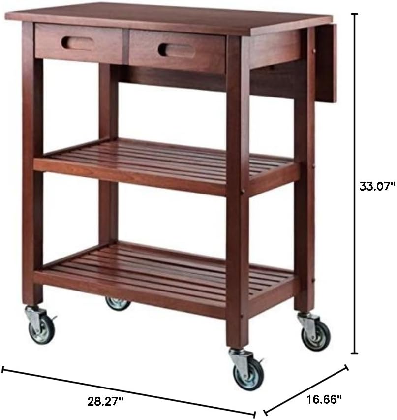 Rustic Walnut Kitchen Cart with Drop Leaf, Shelves, and Drawers - Sturdy and Functional Design - Professional-Grade Casters - Easy Assembly - 28.2" W x 23.6" D x 33" H