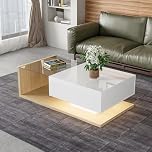 BTM Coffee table in high gloss white and wood color combination. Side tables, coffee tables with glass and LED
