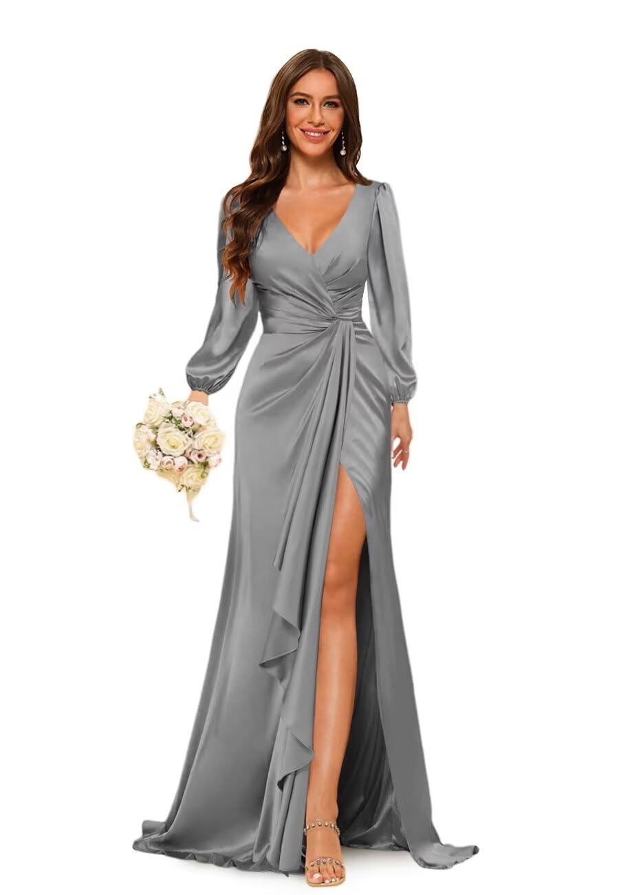 PUXIU Women's Satin Bridesmaid Dresses with Slit 2026 Long Evening Maxi Dress PUS033