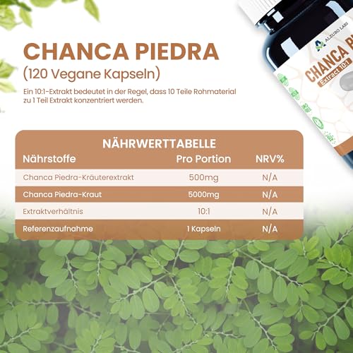 Alzuro Labs Chanca Piedra | 5.000mg Äquivalent (500mg 10:1 Extrakt) | 120 Vegane Kapseln | 4-Monatsvorrat | Laborgeprüft GMP-zertifiziertes Nahrungsergänzungsmittel
