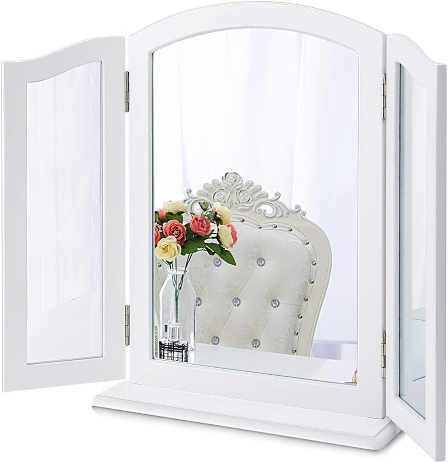 Chende Large Vanity Mirror for Table, 32.67" X 23.62" White Trifold Mirror with Detachable Wooden Base, 3 Way Mirror for Bedroom, Dressing Room