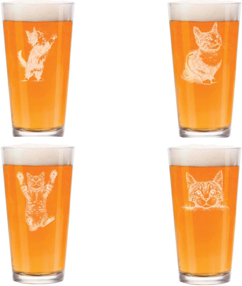 MIP 16 oz Beer Pint Glass Gift Set Of 4 Stylized Cat Collection