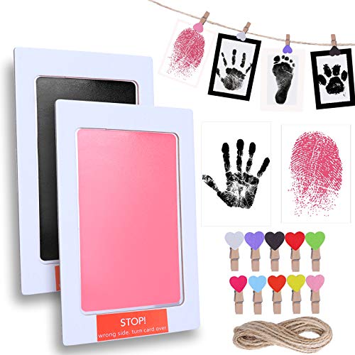 Sinwind Baby handafdruk en voetafdruk stempelset, baby handafdruk en voetafdruk kit met clean-touch inktpads, henneptouw en houten clips, baby douche Souvenir cadeau