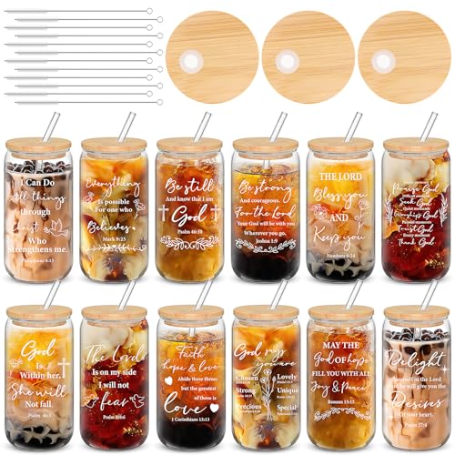JTKDG 12 Stück Christliche Glasbecher mit Deckel und Strohhalmen 473 ml Dosenform Bibelvers Kaffeebecher Religiöse Geschenke für Männer und Frauen Kirche Sonntagsschule Bibelstudium