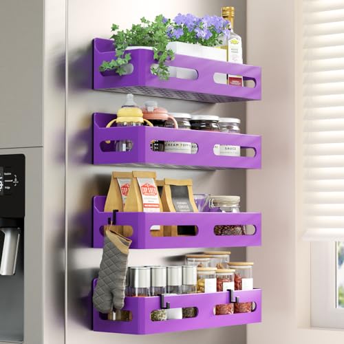 Image of Sevenblue 4-Pack Magnetic Spice Rack for Refrigerator with Hooks, Purple