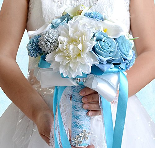 Abbie Home Real Touch Calla Lily Dahlia Bridal Bouquets Crystal Light Blue Ribbon Beach Wedding Rose Flowers Décor (B Round Bouquet) #TOP2