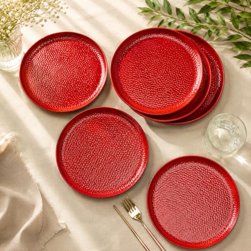 Image of MARKET 99 Melamine Dinner Plates Set of 6 Red Hammered Design | Round Serving Plates for Kitchen Dining Tableware | Lightweight Durable Food Plates for Daily Use, Party Serving, & Buffet