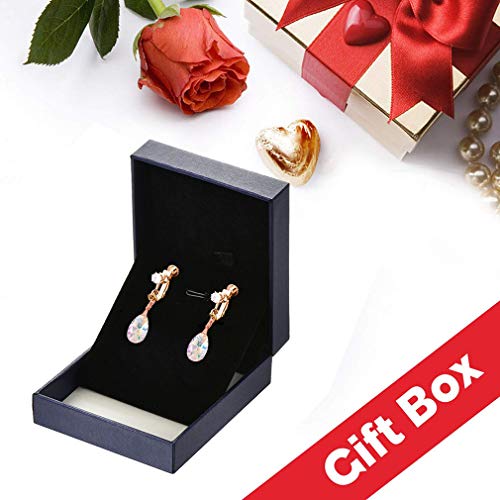 Teardrop Austrian Crystal Drop Clip On Dangle Earrings For Women Non Pierced 14K Rose Gold Plated Hypoallergenic Jewelry (Bermuda Blue) #TOP5