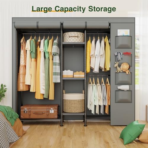 Image of the LEHOM G6C Heavy Duty Clothes Rack with Cover, Wire Garment Racks for Hanging Clothes, Adjustable Black Portable Closets with Storage Shelves，Wardrobe Clothing Rack with Grey Clear Window Cover 