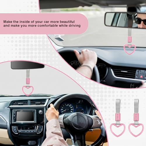 Image of 2PCS Heart Shaped Car Handle Straps, Rear Bumper Warning Keychain Ring for Car Exterior Accessories (Pink-Silver)
